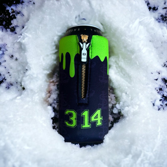 Bomber C-16 STL Slime 16oz zippered 4mm neoprene can insulator back view showing gold alloy Bomber zipper and neon green 314 area code print in snow