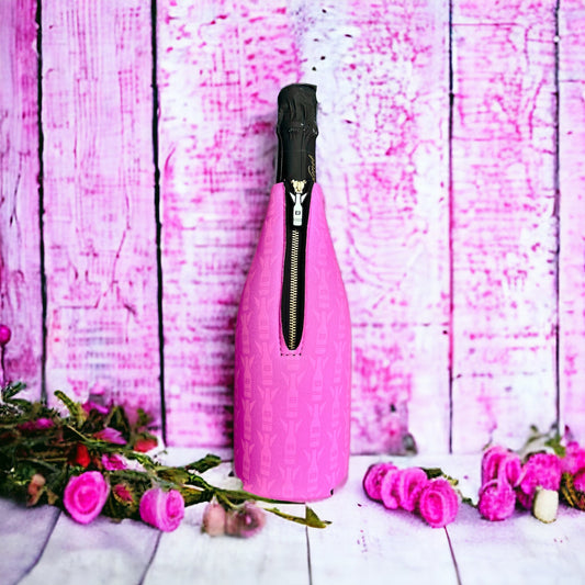 Pink zippered neoprene champagne bottle insulator sleeve featuring a repeating Bomber pattern for 750mL bottles.⁠