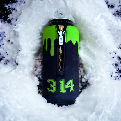 Bomber C-16 STL Slime 16oz zippered 4mm neoprene can insulator back view showing gold alloy Bomber zipper and neon green 314 area code print in snow