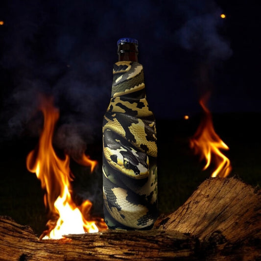 Bomber Venom AI Snake 12oz 4mm neoprene bottle insulator with black and gold snake print beside a campfire at night