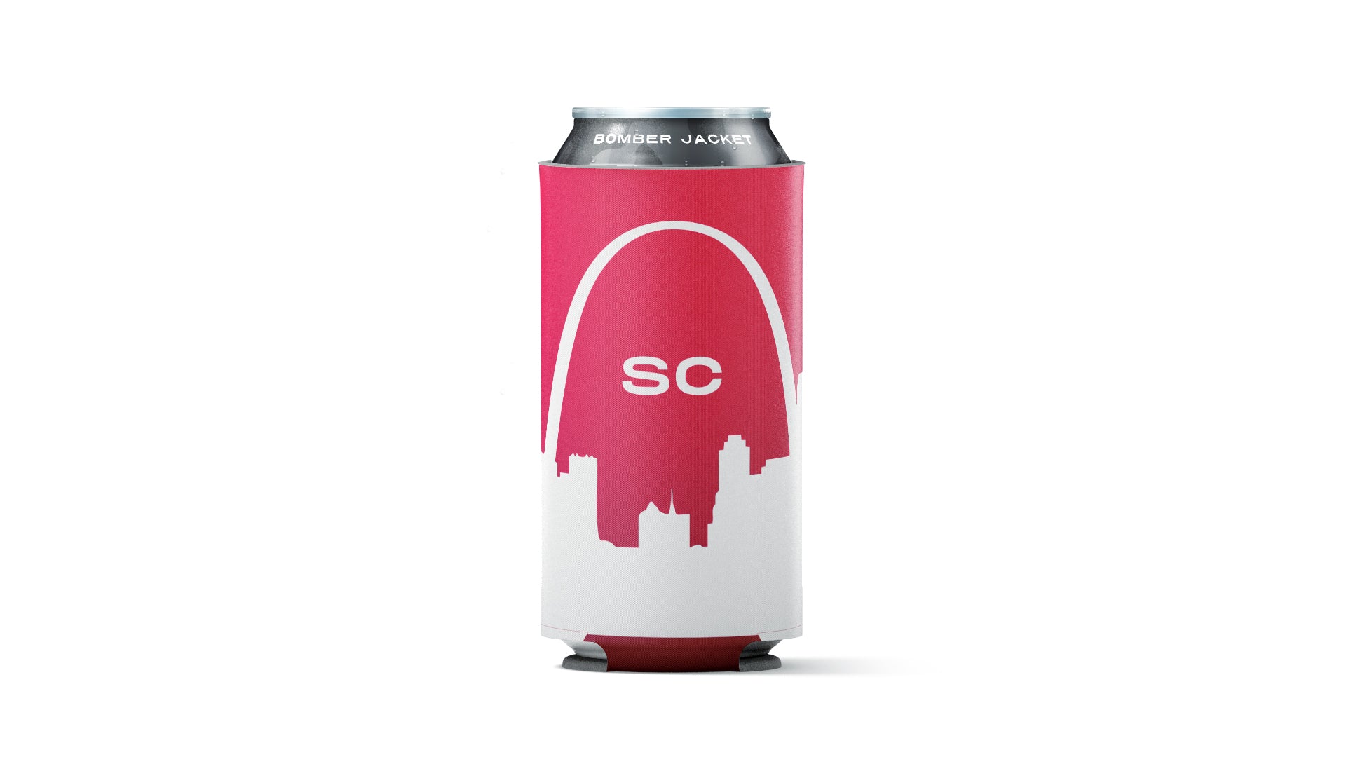 A red and white can cooler sleeve holding a silver aluminum beverage can, shown against a plain white background. The sleeve features a white arch graphic over a red silhouette of the Saint Louis skyline, with the letters 'SC' in white in the center.