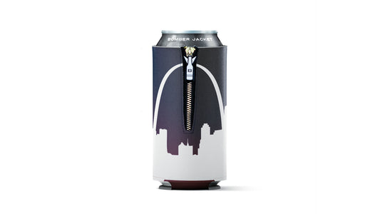 Bomber C-16 SC 16oz zippered 4mm neoprene can insulator back view showing St. Louis Gateway Arch skyline print in charcoal and white with gold alloy zipper