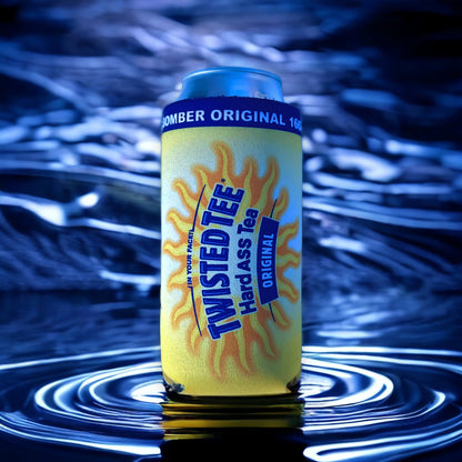 A yellow can cooler with blue and orange graphics, branded TWISTED TEE Hard Ass Tea Original, standing upright in water with ripples.