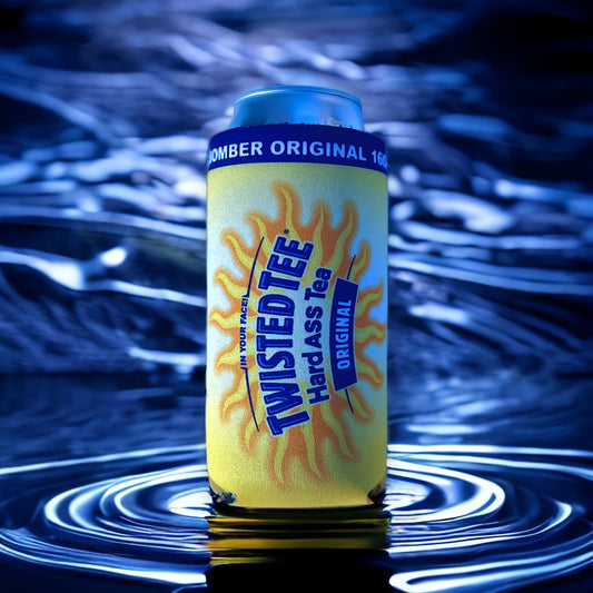 A yellow can cooler with blue and orange graphics, branded TWISTED TEE Hard Ass Tea Original, standing upright in water with ripples.
