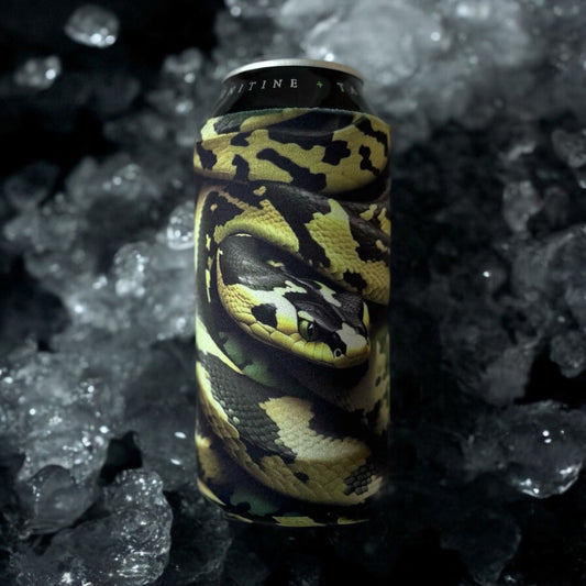 Bomber Venom AI Snake 16oz 4mm neoprene can insulator with black and gold python snake print on crushed ice
