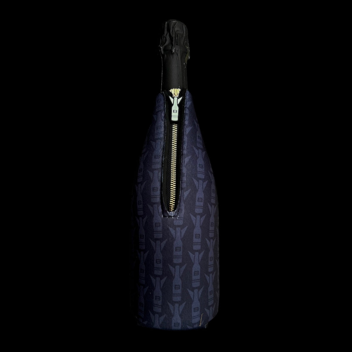 Black wine neoprene cooler with zipper.