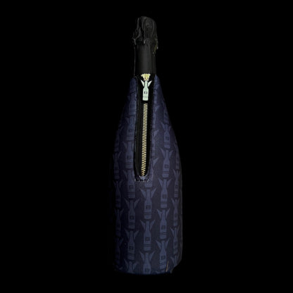 Black wine neoprene cooler with zipper.
