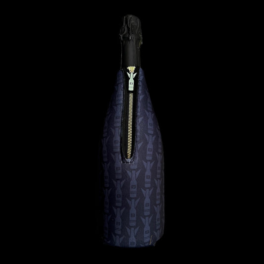 Black wine neoprene cooler with zipper.