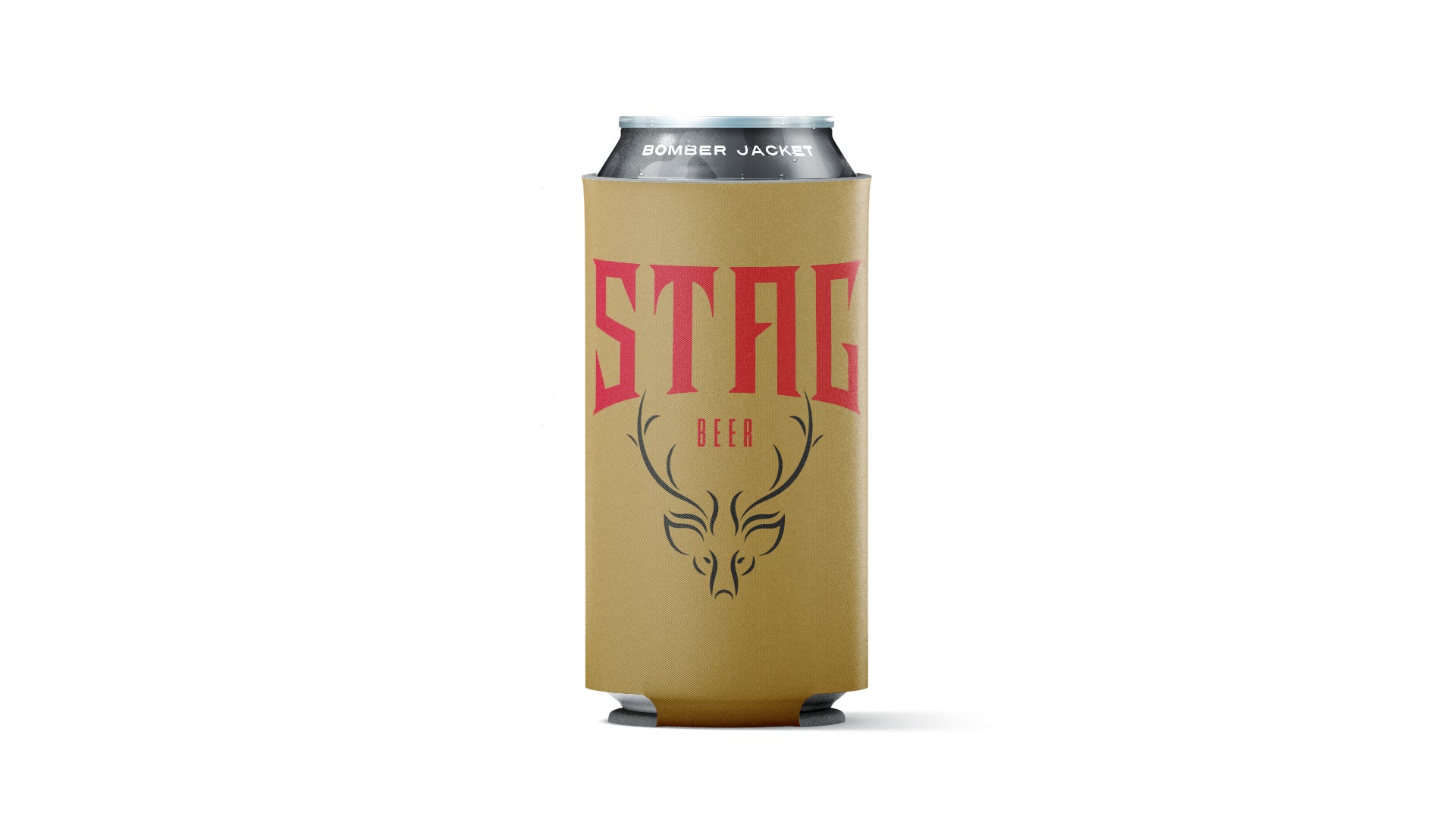 A tan can cooler sleeve with red 'STAG' lettering and a black stag head graphic, holding a silver can on a white background.