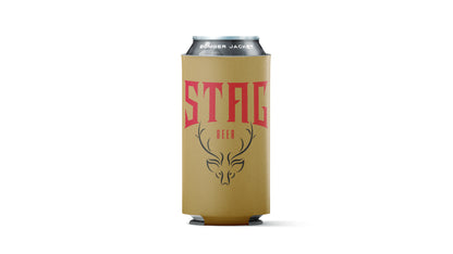 A tan can cooler sleeve with red 'STAG' lettering and a black stag head graphic, holding a silver can on a white background.