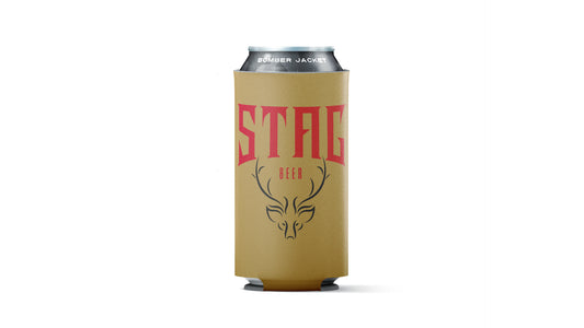 A tan can cooler sleeve with red 'STAG' lettering and a black stag head graphic, holding a silver can on a white background.